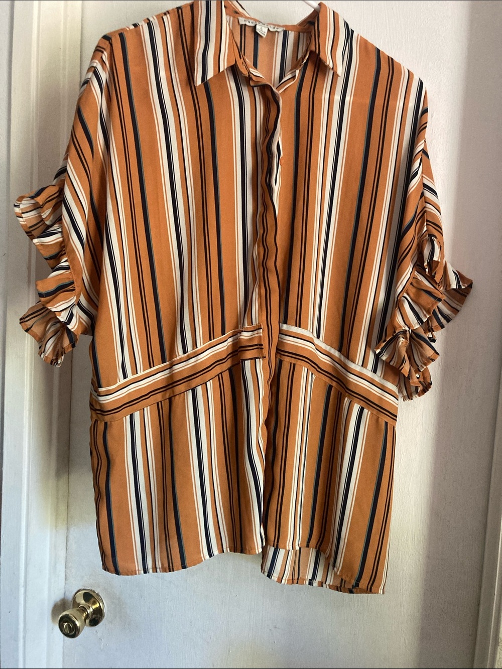 Haute Monde Striped Ruffle-Sleeve Button-Down in Rust and Cream